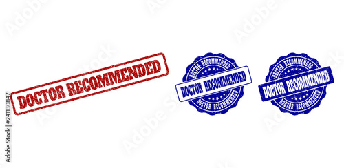 DOCTOR RECOMMENDED grunge stamp seals in red and blue colors. Vector DOCTOR RECOMMENDED labels with grainy style. Graphic elements are rounded rectangles, rosettes, circles and text labels.