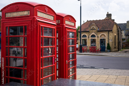 Traditional red phone boxes in St Ives  Cambridgeshire  England