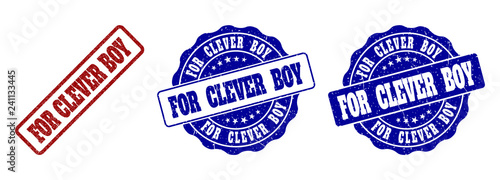 FOR CLEVER BOY scratched stamp seals in red and blue colors. Vector FOR CLEVER BOY labels with draft style. Graphic elements are rounded rectangles, rosettes, circles and text labels.