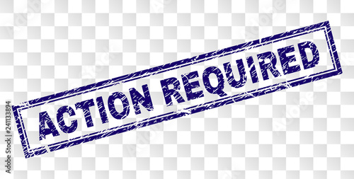 ACTION REQUIRED stamp seal print with rubber print style and double framed rectangle shape. Stamp is placed on a transparent background.