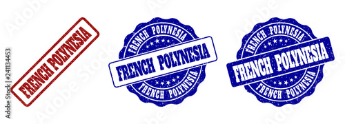 FRENCH POLYNESIA grunge stamp seals in red and blue colors. Vector FRENCH POLYNESIA overlays with grunge texture. Graphic elements are rounded rectangles, rosettes, circles and text titles.