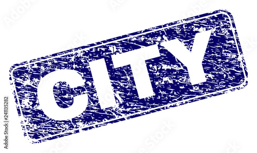 CITY stamp seal print with distress texture. Seal shape is a rounded rectangle with frame. Blue vector rubber print of CITY tag with unclean texture.
