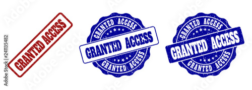 GRANTED ACCESS grunge stamp seals in red and blue colors. Vector GRANTED ACCESS labels with scratced effect. Graphic elements are rounded rectangles, rosettes, circles and text labels.
