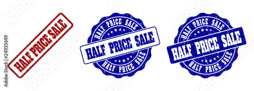 HALF PRICE SALE grunge stamp seals in red and blue colors. Vector HALF PRICE SALE labels with grunge effect. Graphic elements are rounded rectangles, rosettes, circles and text titles.