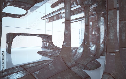 Empty smooth abstract room interior of sheets rusted metal with glossy white floor. Architectural background. 3D illustration and rendering