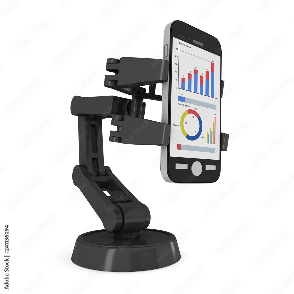 Robotic arm hold smartphone with big data. Manufacture technology industry assembly mechanic hand 3d render illustration isolated on white Robotic arm hold smartphone with big data. Manufacture technology industry assembly mechanic hand 3d render illustration isolated on white