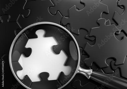 Search For Something - Graphic Template. Close-up composition of magnifying glass lying on jigsaw puzzle which is assembled from hexagonal pieces. 3d rendering graphics.