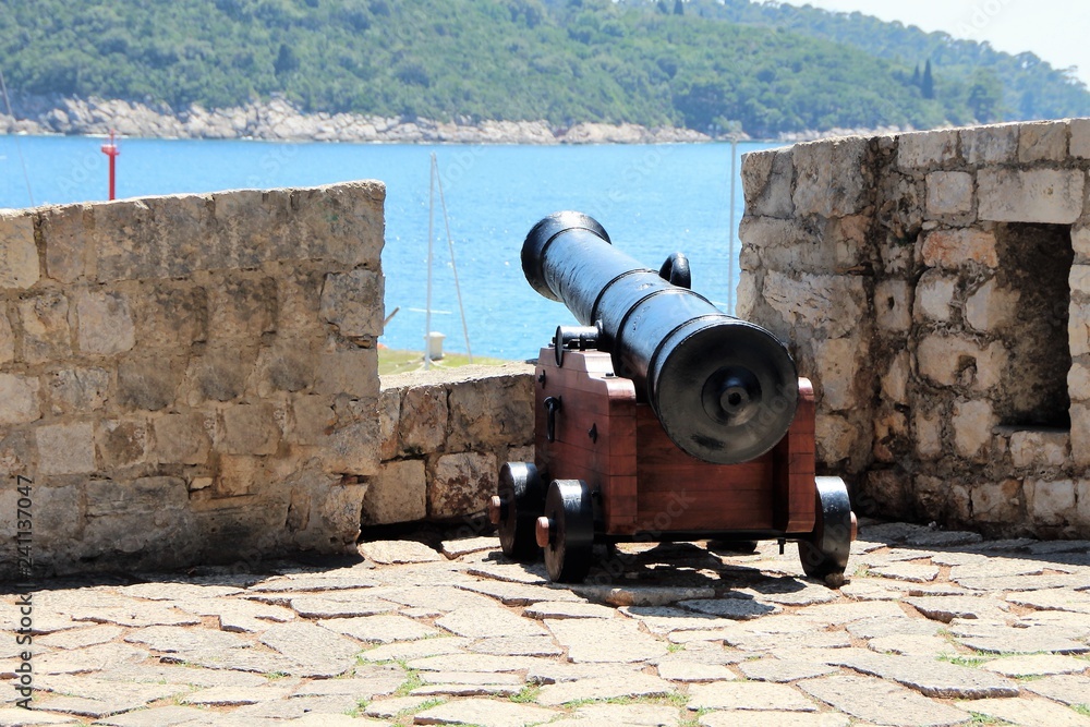Old cannon on the wall of Dubrovnik fortress, Croatia.