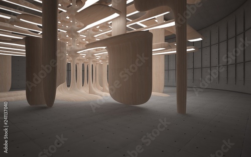 Empty dark abstract concrete and wood room smooth interior. Architectural background. Night view of the illuminated. 3D illustration and rendering