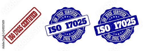 ISO 17025 CERTIFIED grunge stamp seals in red and blue colors. Vector ISO 17025 CERTIFIED signs with grainy style. Graphic elements are rounded rectangles, rosettes, circles and text labels.