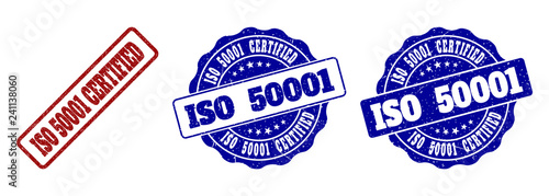 ISO 50001 CERTIFIED grunge stamp seals in red and blue colors. Vector ISO 50001 CERTIFIED imprints with grunge surface. Graphic elements are rounded rectangles, rosettes, circles and text tags.