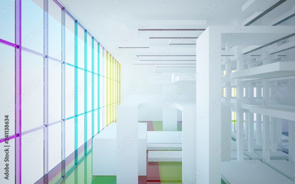 Fototapeta premium Abstract white and colored gradient glasses interior multilevel public space with window. 3D illustration and rendering.