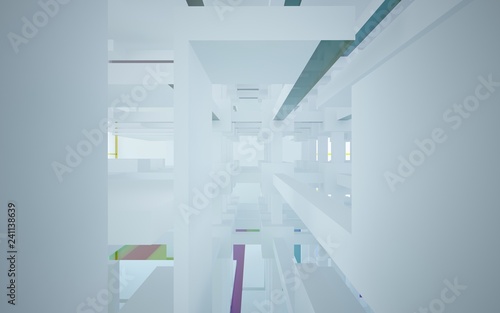 Abstract white and colored gradient glasses interior multilevel public space with window. 3D illustration and rendering.