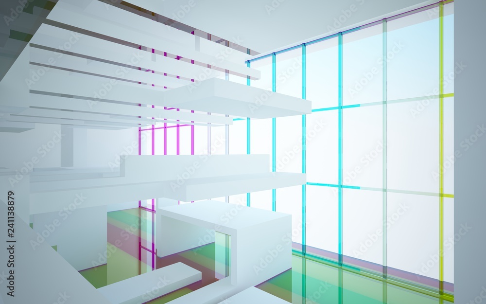 Fototapeta premium Abstract white and colored gradient glasses interior multilevel public space with window. 3D illustration and rendering.