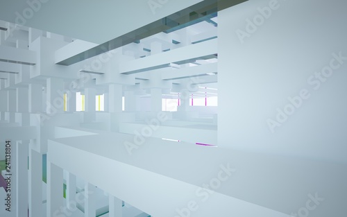 Abstract white and colored gradient glasses interior multilevel public space with window. 3D illustration and rendering.