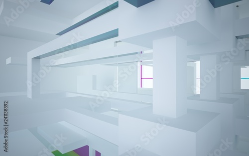 Abstract white and colored gradient glasses interior multilevel public space with window. 3D illustration and rendering.