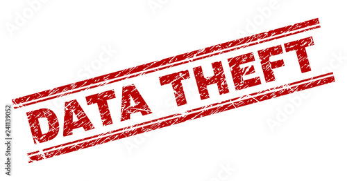 DATA THEFT seal print with grunge texture. Red vector rubber print of DATA THEFT caption with unclean texture. Text title is placed between double parallel lines.
