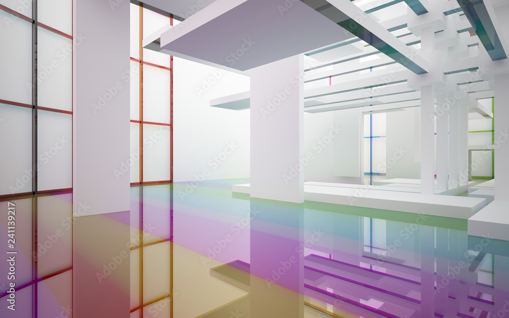 Obraz premium Abstract white and colored gradient glasses interior multilevel public space with window. 3D illustration and rendering.