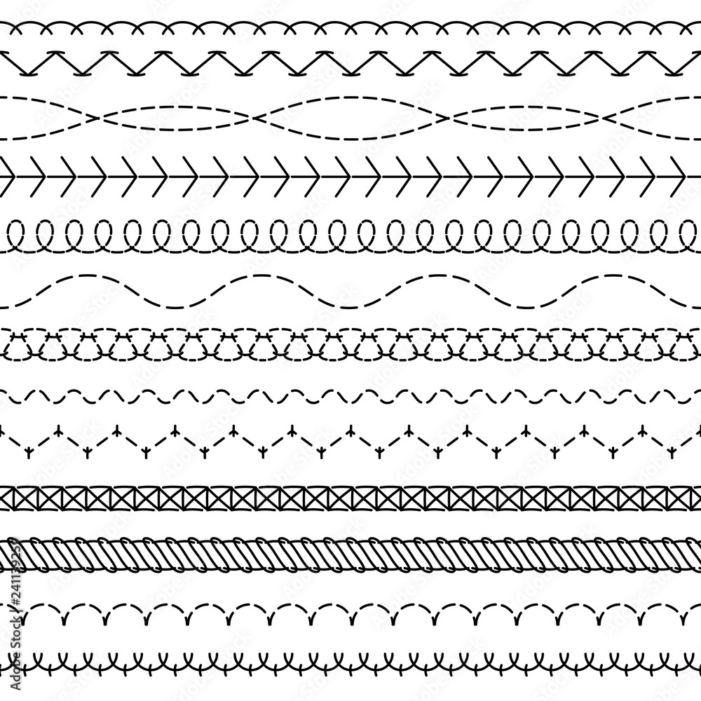 Stitch lines. Stitched seamless pattern threading borders sewing stripe