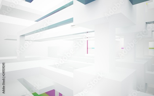 Abstract white and colored gradient glasses interior multilevel public space with window. 3D illustration and rendering.