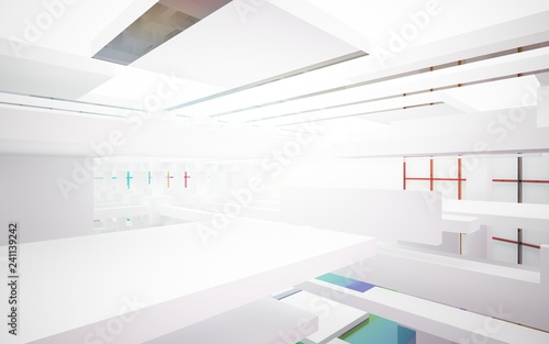 Abstract white and colored gradient glasses interior multilevel public space with window. 3D illustration and rendering.