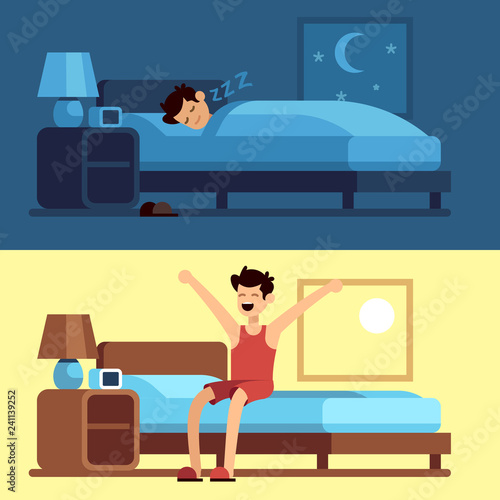 Man sleeping waking up. Person under duvet at night and getting out of bed morning. Peacefully sleep in comfy mattress