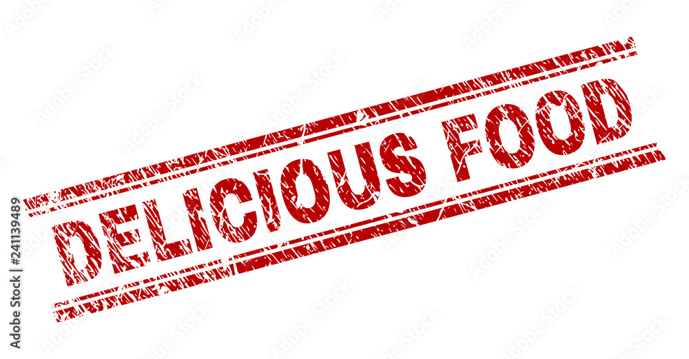 DELICIOUS FOOD seal print with grunge texture. Red vector rubber print of DELICIOUS FOOD label with dust texture. Text label is placed between double parallel lines. DELICIOUS FOOD seal print with grunge texture. Red vector rubber print of DELICIOUS FOOD label with dust texture. Text label is placed between double parallel lines.