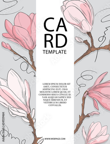 Floral wedding invitation card template design with white and pink magnolia flowers. Spring card template design. 