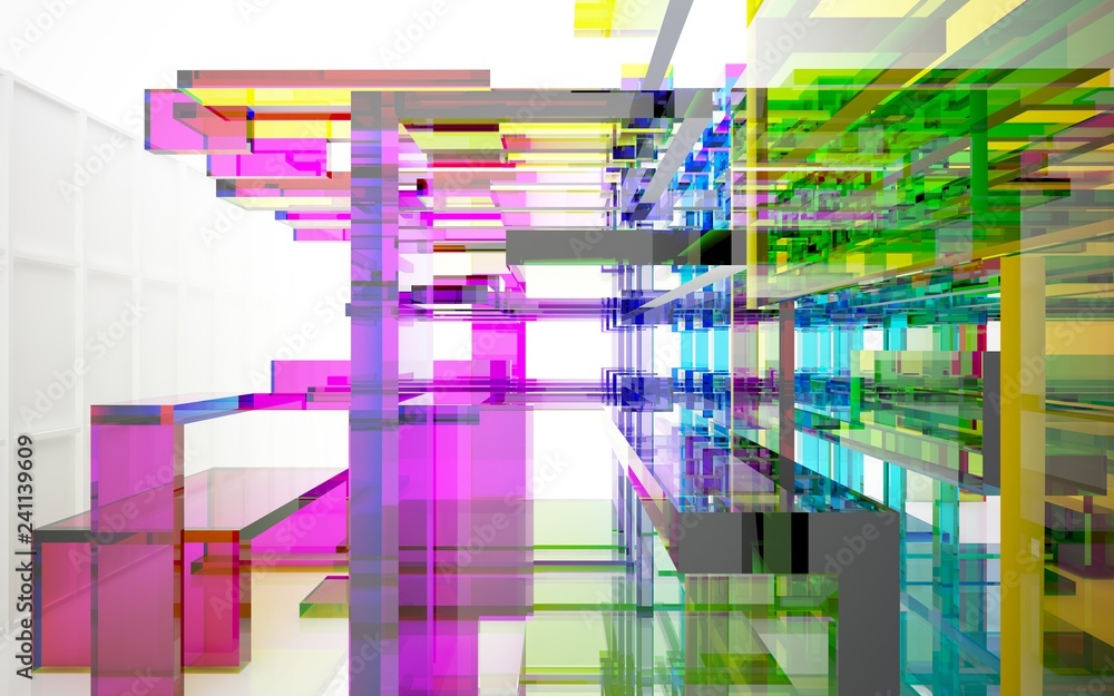 Obraz premium Abstract dynamic interior with gradient colored objects. 3D illustration and rendering