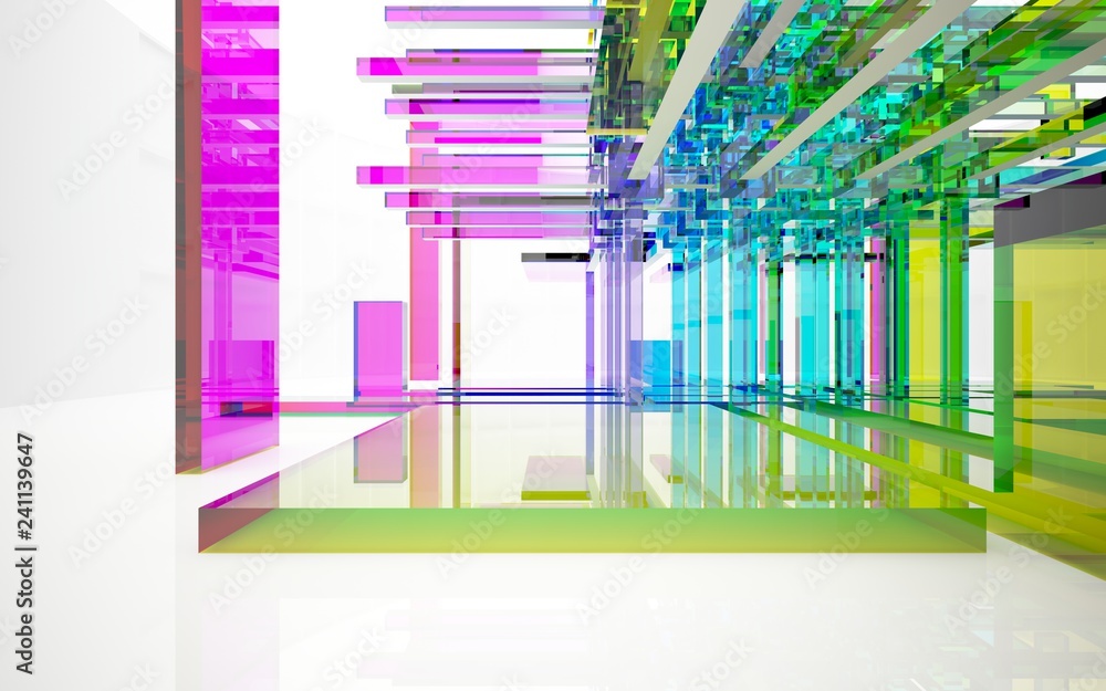 Obraz premium Abstract dynamic interior with gradient colored objects. 3D illustration and rendering