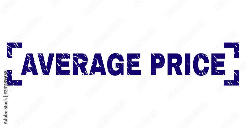 AVERAGE PRICE tag seal print with corroded texture. Text tag is placed inside corners. Blue vector rubber print of AVERAGE PRICE with retro texture.