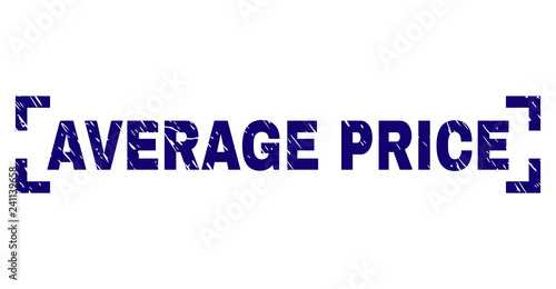 AVERAGE PRICE tag seal print with corroded texture. Text tag is placed inside corners. Blue vector rubber print of AVERAGE PRICE with retro texture.