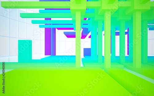 Abstract white and colored gradient interior multilevel public space with window. 3D illustration and rendering.