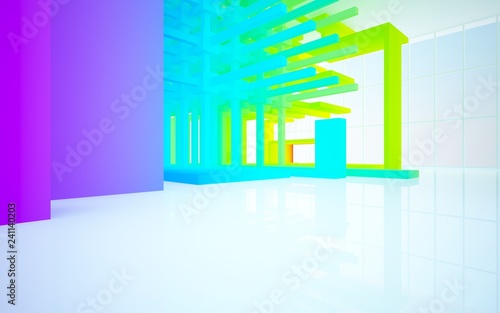 Abstract white and colored gradient interior multilevel public space with window. 3D illustration and rendering.