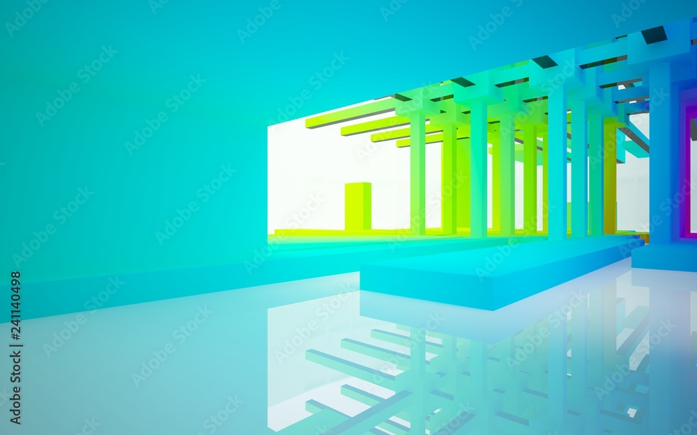 Obraz premium Abstract white and colored gradient interior multilevel public space with window. 3D illustration and rendering.