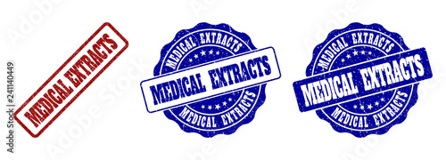 MEDICAL EXTRACTS scratched stamp seals in red and blue colors. Vector MEDICAL EXTRACTS labels with grunge effect. Graphic elements are rounded rectangles, rosettes, circles and text labels.