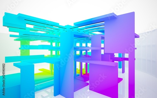 Abstract white and colored gradient interior multilevel public space with window. 3D illustration and rendering.