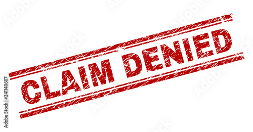 CLAIM DENIED seal stamp with grunge texture. Red vector rubber print of CLAIM DENIED caption with grunge texture. Text caption is placed between double parallel lines.