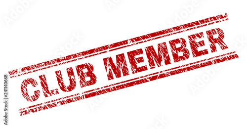 CLUB MEMBER seal print with corroded texture. Red vector rubber print of CLUB MEMBER text with unclean texture. Text label is placed between double parallel lines.