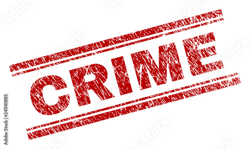CRIME seal watermark with distress texture. Red vector rubber print of CRIME caption with scratched texture. Text caption is placed between double parallel lines.
