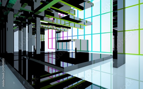 Abstract white and colored gradient interior multilevel public space with window. 3D illustration and rendering.
