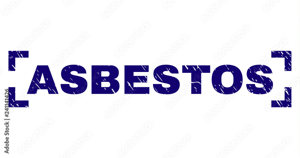 ASBESTOS text seal print with corroded texture. Text caption is placed inside corners. Blue vector rubber print of ASBESTOS with corroded texture.