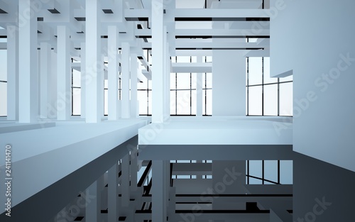Abstract white and black interior multilevel public space with window. 3D illustration and rendering.