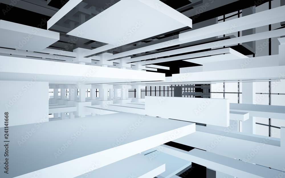 Obraz premium Abstract white and black interior multilevel public space with window. 3D illustration and rendering.