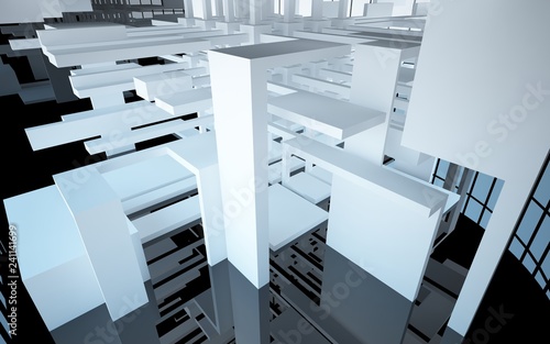 Abstract white and black interior multilevel public space with window. 3D illustration and rendering.