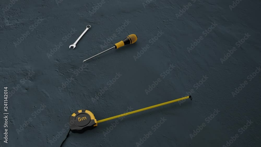 3D animation of movement of tools in the top view on a blue background. The motion of tools create an outline of the house. 3D animation of movement of tools in the top view on a blue background. The motion of tools create an outline of the house.