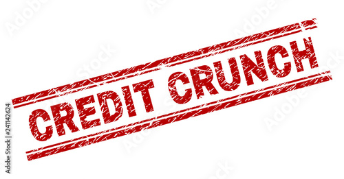 CREDIT CRUNCH seal stamp with corroded texture. Red vector rubber print of CREDIT CRUNCH text with corroded texture. Text label is placed between double parallel lines.
