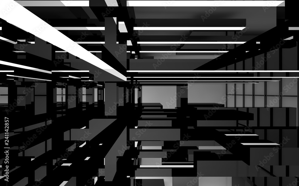 Abstract white interior of the future, with glossy black sculpture. 3D illustration and rendering