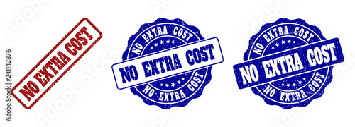 NO EXTRA COST grunge stamp seals in red and blue colors. Vector NO EXTRA COST labels with draft surface. Graphic elements are rounded rectangles, rosettes, circles and text labels.