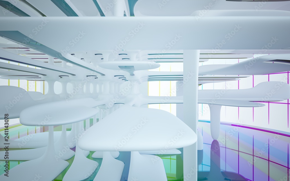 Obraz premium Abstract white and colored gradient glasses interior multilevel public space with window. 3D illustration and rendering.